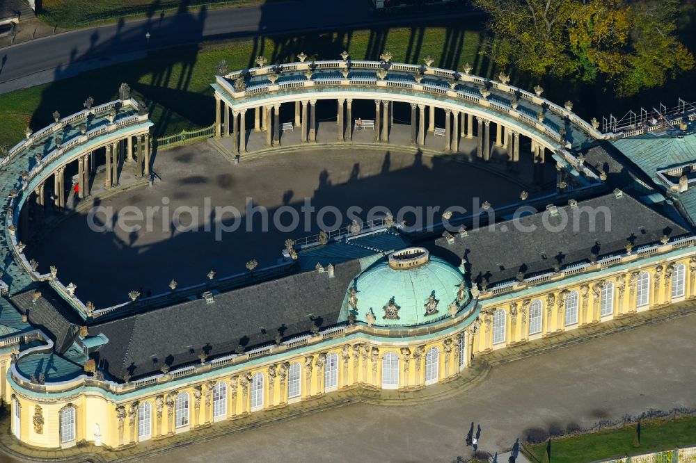Aerial image Potsdam - Sanssouci Palace in Potsdam in Brandenburg. The Sanssouci Palace in the eastern part of the park of the same name is one of the most famous castles of Hohenzollern. The palaces and gardens are world heritage and under UNESCO protection