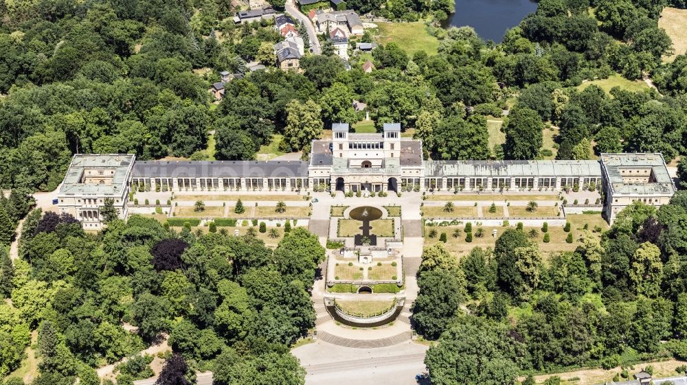 Potsdam from the bird's eye view: Sanssouci Palace in Potsdam in Brandenburg. The Sanssouci Palace in the eastern part of the park of the same name is one of the most famous castles of Hohenzollern. The palaces and gardens are world heritage and under UNESCO protection