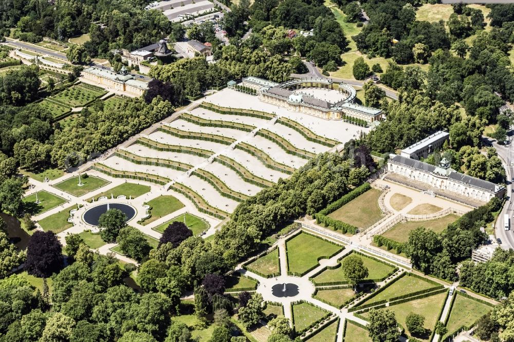 Potsdam from the bird's eye view: Sanssouci Palace in Potsdam in Brandenburg. The Sanssouci Palace in the eastern part of the park of the same name is one of the most famous castles of Hohenzollern. The palaces and gardens are world heritage and under UNESCO protection