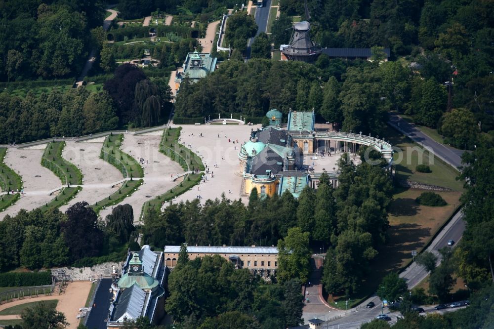 Aerial image Potsdam - Sanssouci Palace in Potsdam in Brandenburg. The Sanssouci Palace in the eastern part of the park of the same name is one of the most famous castles of Hohenzollern. The palaces and gardens are world heritage and under UNESCO protection