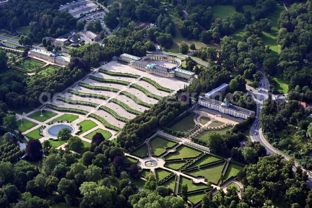 Aerial photograph Potsdam - Sanssouci Palace in Potsdam in Brandenburg. The Sanssouci Palace in the eastern part of the park of the same name is one of the most famous castles of Hohenzollern. The palaces and gardens are world heritage and under UNESCO protection