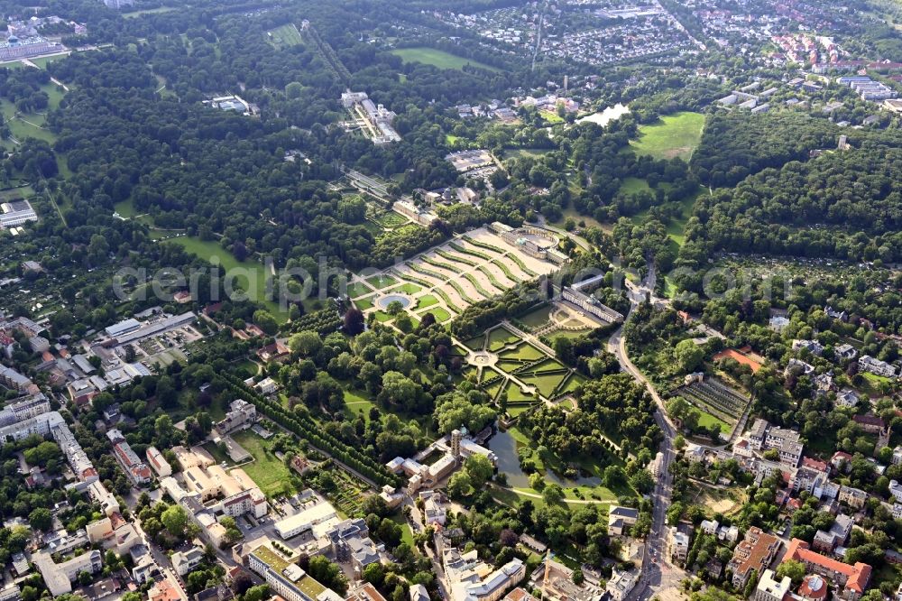 Potsdam from above - Sanssouci Palace in Potsdam in Brandenburg. The Sanssouci Palace in the eastern part of the park of the same name is one of the most famous castles of Hohenzollern. The palaces and gardens are world heritage and under UNESCO protection