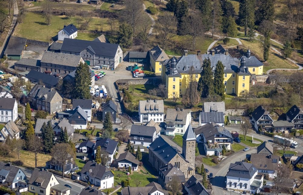 Antfeld from above - Building complex in the park of the castle Schloss Antfeld in Antfeld at Sauerland in the state North Rhine-Westphalia, Germany