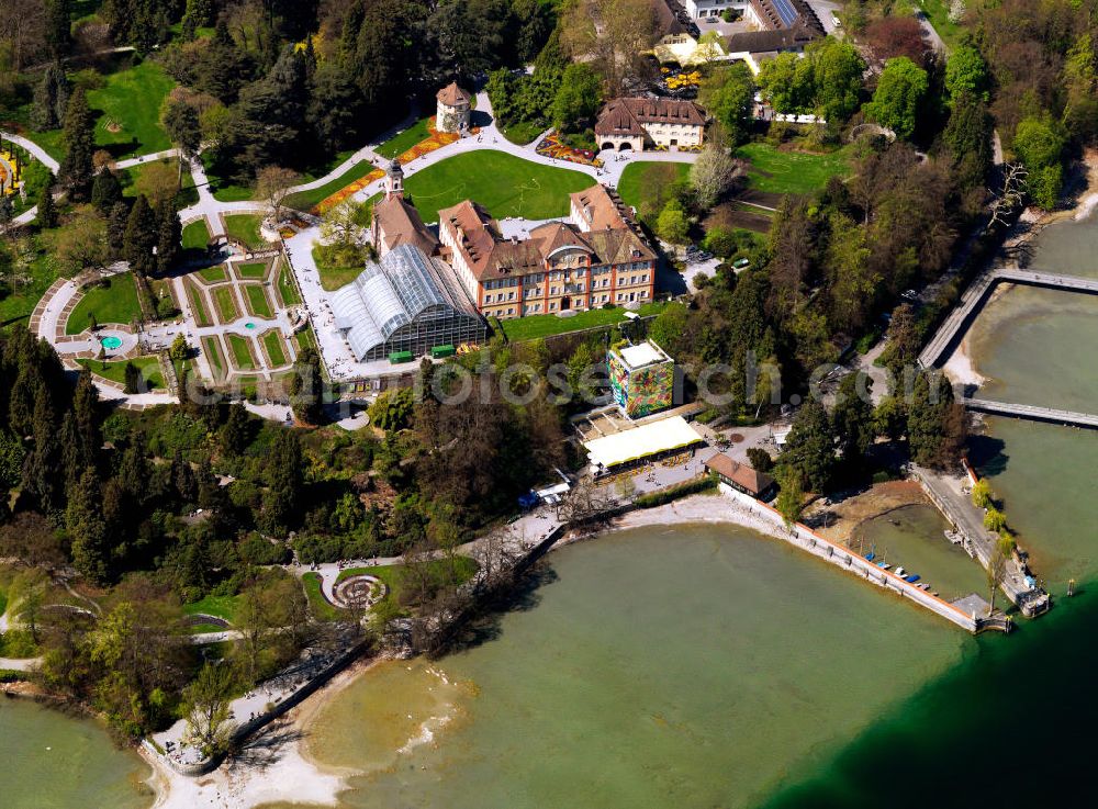 Aerial image Mainau - View of the castle and its church on the island of Mainau Castle on Bodensee in Baden-Wuerttemberg. 1739-1746 the German castle was built according to designs by Johann Caspar Bagnatos