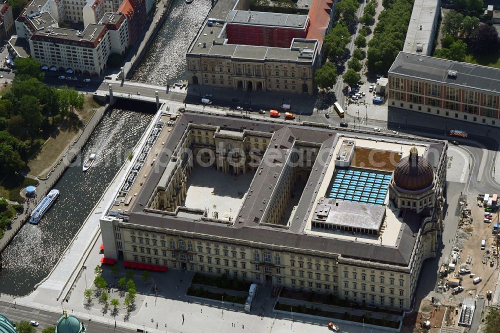 Berlin from above - Construction site for the new building the largest and most important cultural construction of the Federal Republic, the building of the Humboldt Forum in the form of the Berlin Palace