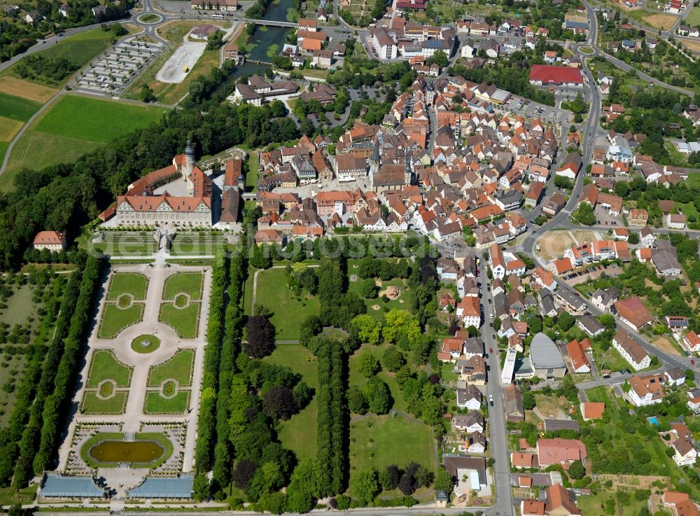 Weikersheim from above - Castle Weikersheim in the town of Weikersheim in the Tauberfranken region in the state of Baden-Württemberg. The castle is located in the West of the town center. Its park is adjacent to the town park. The compound was originally built in the 12th century and is now used as a museum, event location and for markets