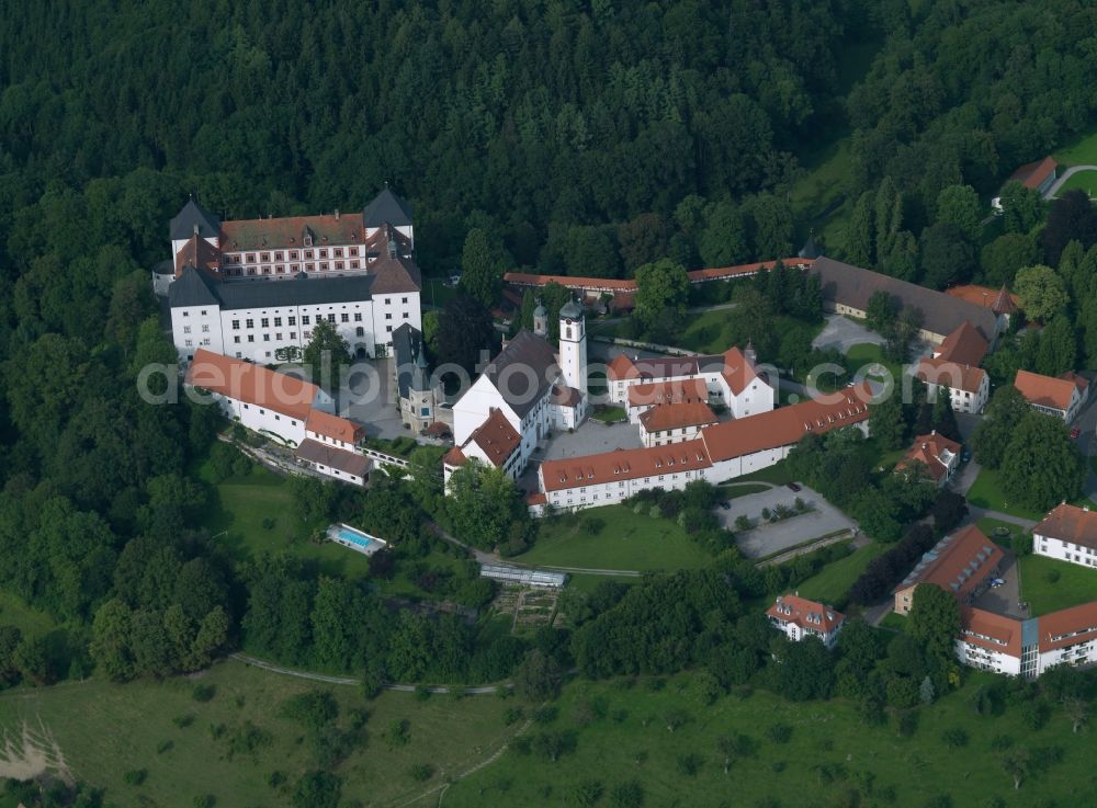 Aerial photograph Wolfegg - Castle Wolfegg in the district of Wolfegg in Upper Swabia in the state of Baden-Württemberg. It is a renaissance castle and former seat of the royal house of Waldburg-Wolfegg. The main building consists of four wings with four corner towers. It also includes the art collection of the house of Waldburg-Wolfegg, the Wolfegger Kabinett