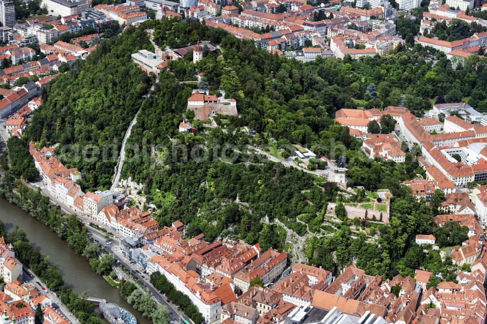 Aerial image Graz - Schlossberg hill in down town in Graz in Steiermark, Austria