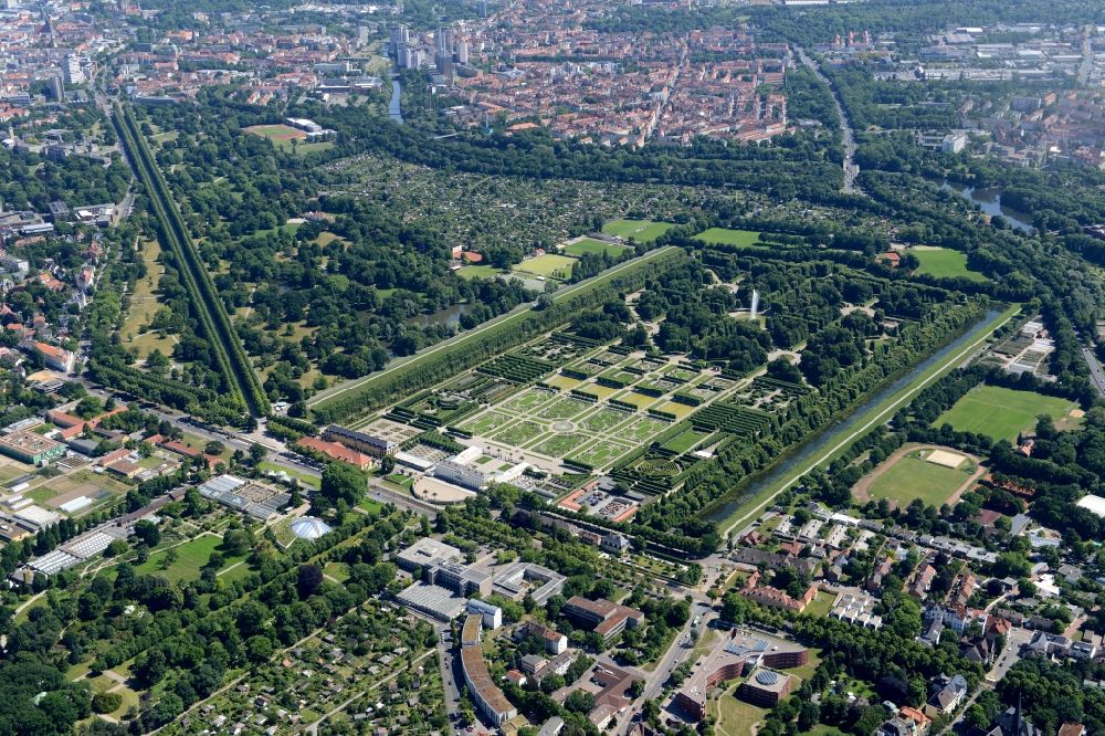 Hannover from above - Building complex in the park of the castle Herrenhausen Alte Herrenhaeuser Strasse in Hannover in the state Lower Saxony