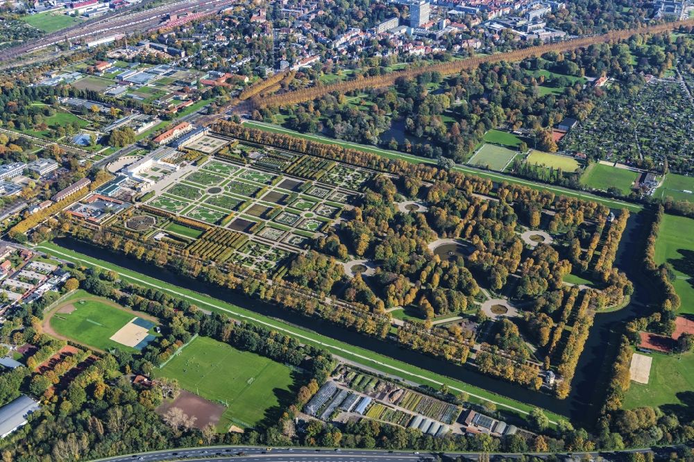 Hannover from above - Building complex in the park of the castle Herrenhausen Alte Herrenhaeuser Strasse in Hannover in the state Lower Saxony