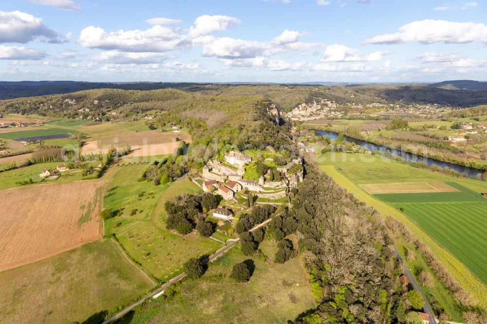 Aerial image Vezac - Park and gardenss of the castle Marqueyssac above the Dordogne in Vezac in Nouvelle-Aquitaine, France