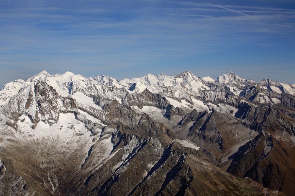 Aerial image Blatten - Summits in the rocky and mountainous landscape in den Swiss Alps at the summit of Bietschhorn in Blatten in the canton Valais, Switzerland