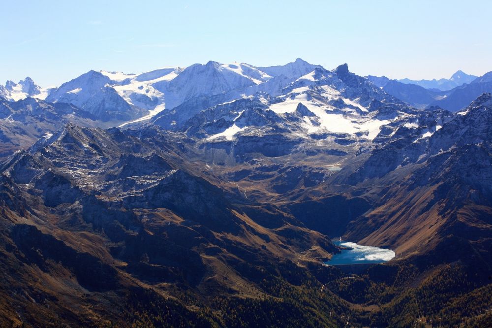 Aerial photograph Nendaz - Summits in the rocky and mountainous landscape in den Swiss Alps looking over the reservoir Lac de Cleuson an summit of Mont Fort in Nendaz in the canton Valais, Switzerland