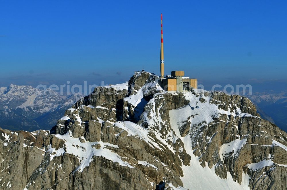 Aerial photograph Säntis - Snow veiled mountain range Santis - Mountain in the Appenzell Alps in Switzerland