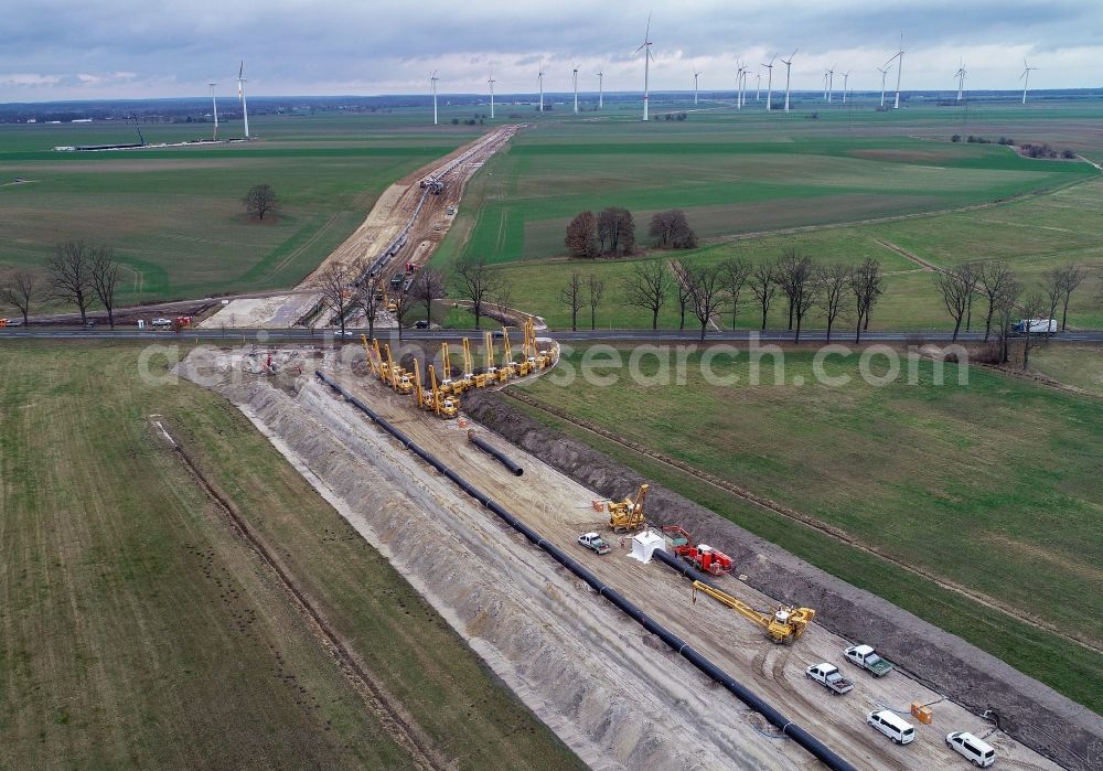 Kienbaum from the bird's eye view: Construction site of route of the underground gas pipes and power line route EUGAL in Kienbaum in the state Brandenburg, Germany
