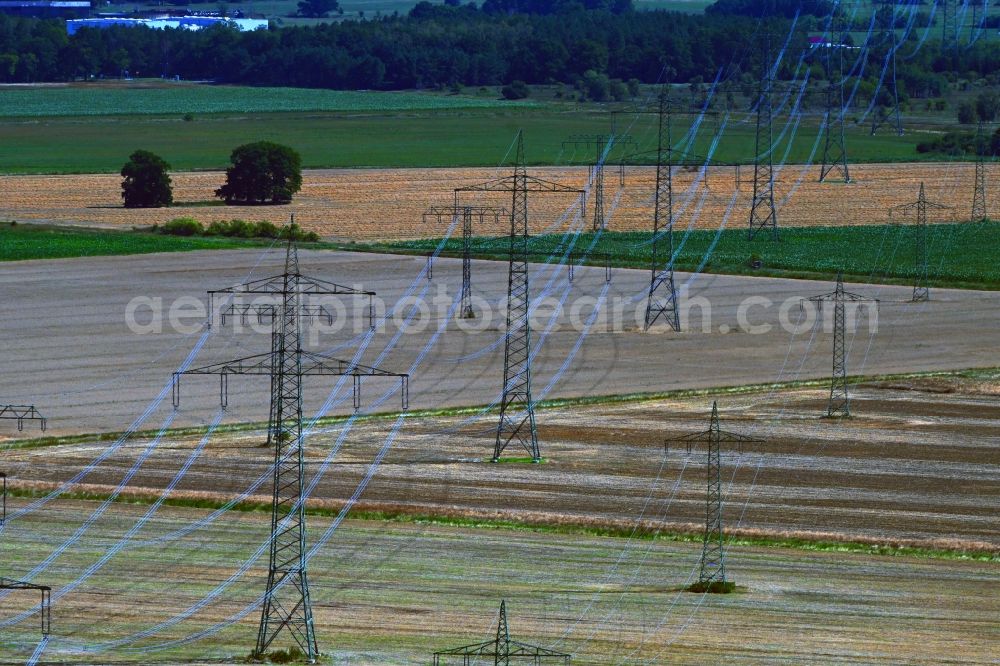 Aerial image Schönwalde-Glien - Current route of the power lines and pylons in Schoenwalde-Glien in the state Brandenburg, Germany