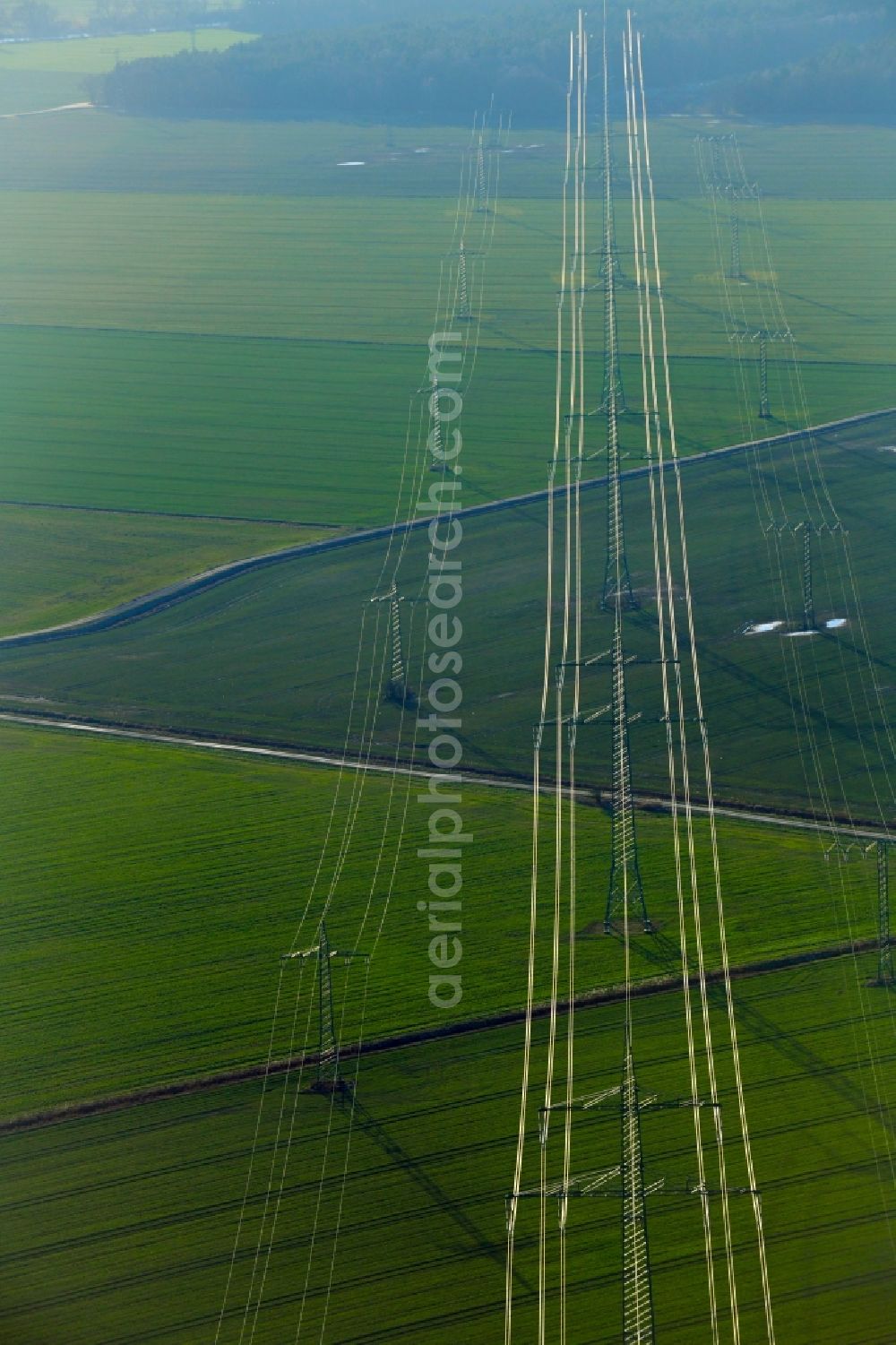 Aerial image Wansdorf - Current route of the power lines and pylons in Wansdorf in the state Brandenburg, Germany