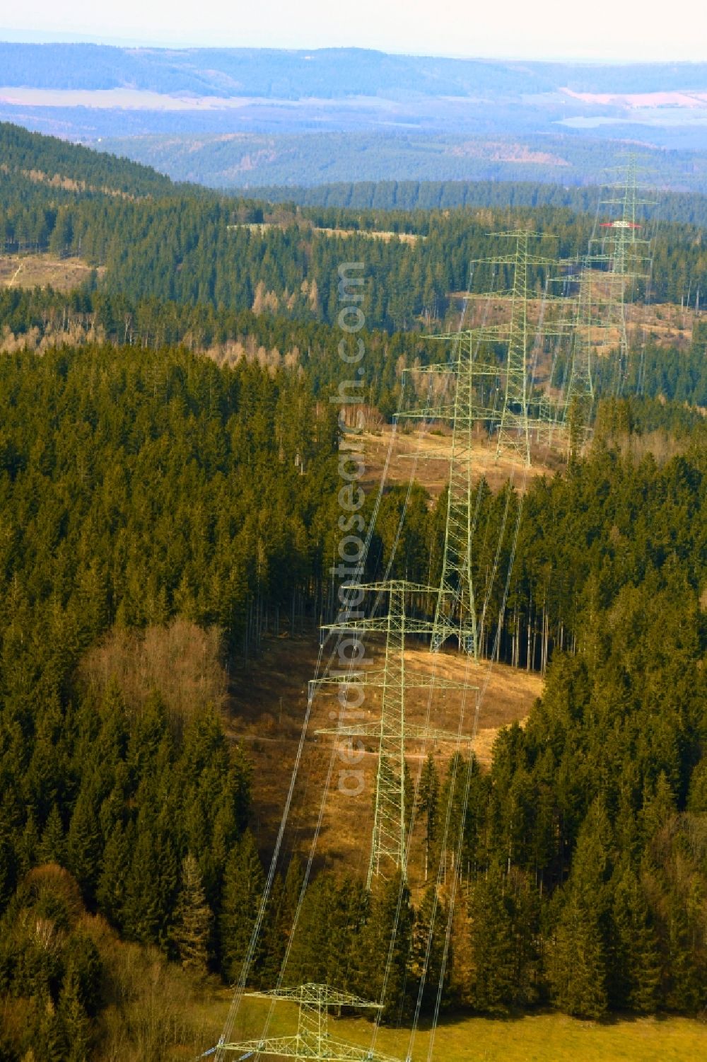 Aerial image Möhrenbach - Aisles and route of the power supply and route of the supply lines and high-voltage pylons of the 380 kV three-phase extra-high voltage overhead line near Moehrenbach in the state of Thuringia, Germany