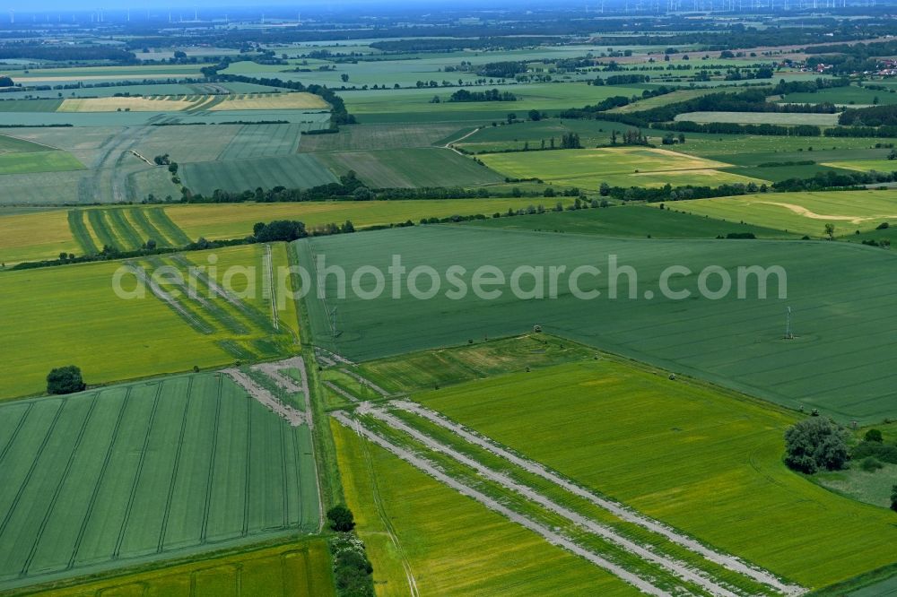 Möringen from the bird's eye view: Route of the underground gas pipes and power line route in Moeringen in the state Saxony-Anhalt, Germany