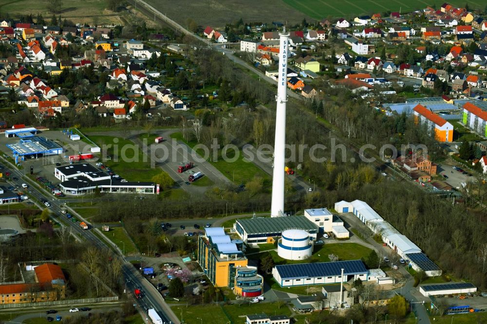 Aerial image Bitterfeld-Wolfen - Chimney and building of the Stadtwerke Bitterfeld-Wolfen in the state Saxony-Anhalt, Germany