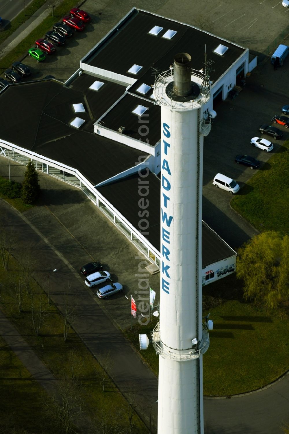 Bitterfeld-Wolfen from the bird's eye view: Chimney and building of the Stadtwerke Bitterfeld-Wolfen in the state Saxony-Anhalt, Germany