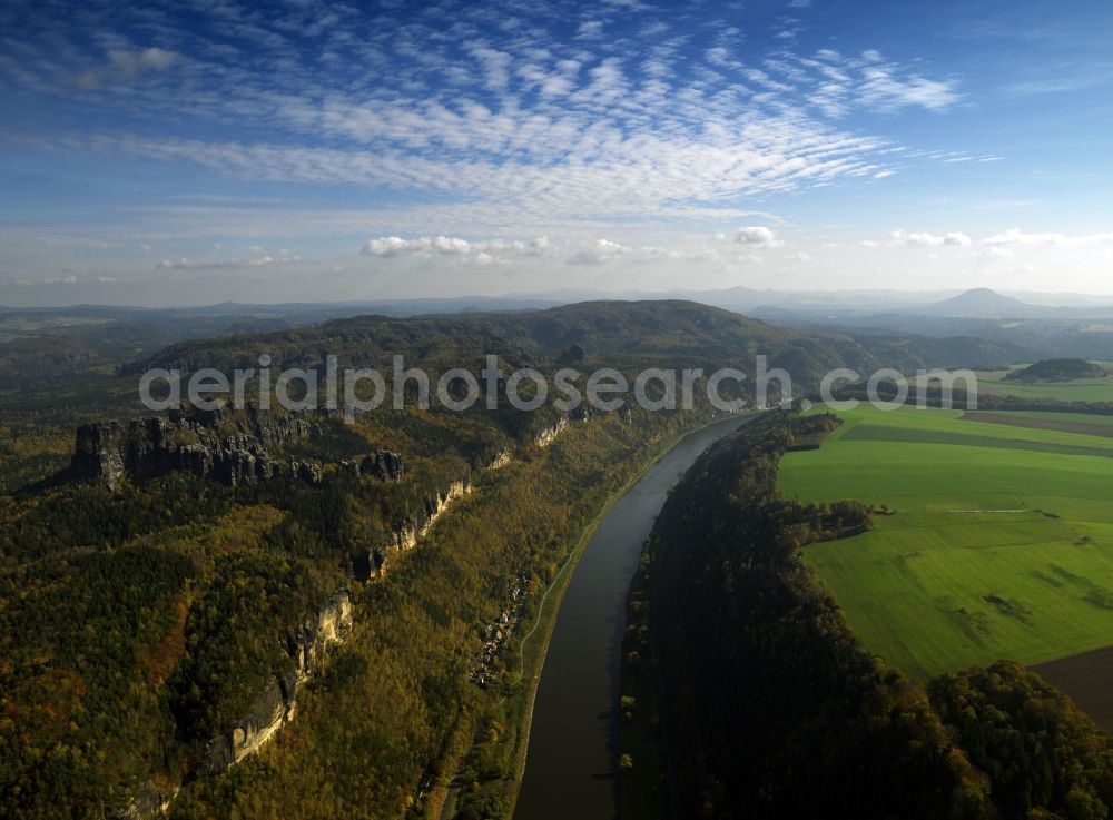 Aerial image Kirnitzschtal - The Schrammsteine ??have an elongated, highly fissured rock group of the Elbe Sandstone Mountains, located east of Bad Schandau in Saxon Switzerland. In the north they are bounded by the High Kirnitzschtal and love, in the south of the Elbe Valley and the east of the stone monkey