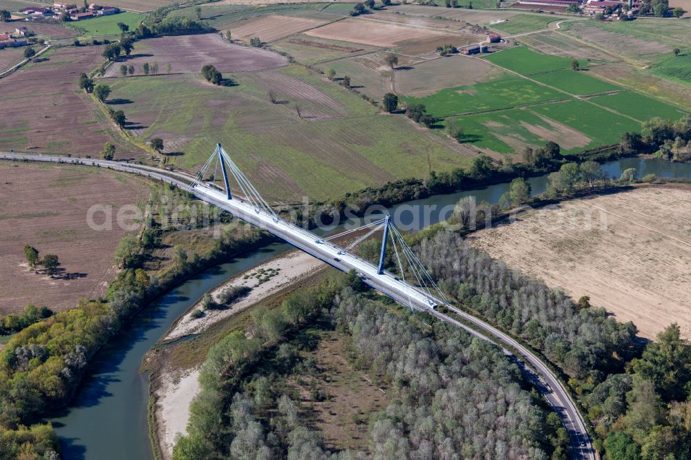 Aerial photograph Bertonico - Cable-stayed bridge Ponte di Boccaserio crossing the river Adda in Bertonico in the Lombardy, Italy