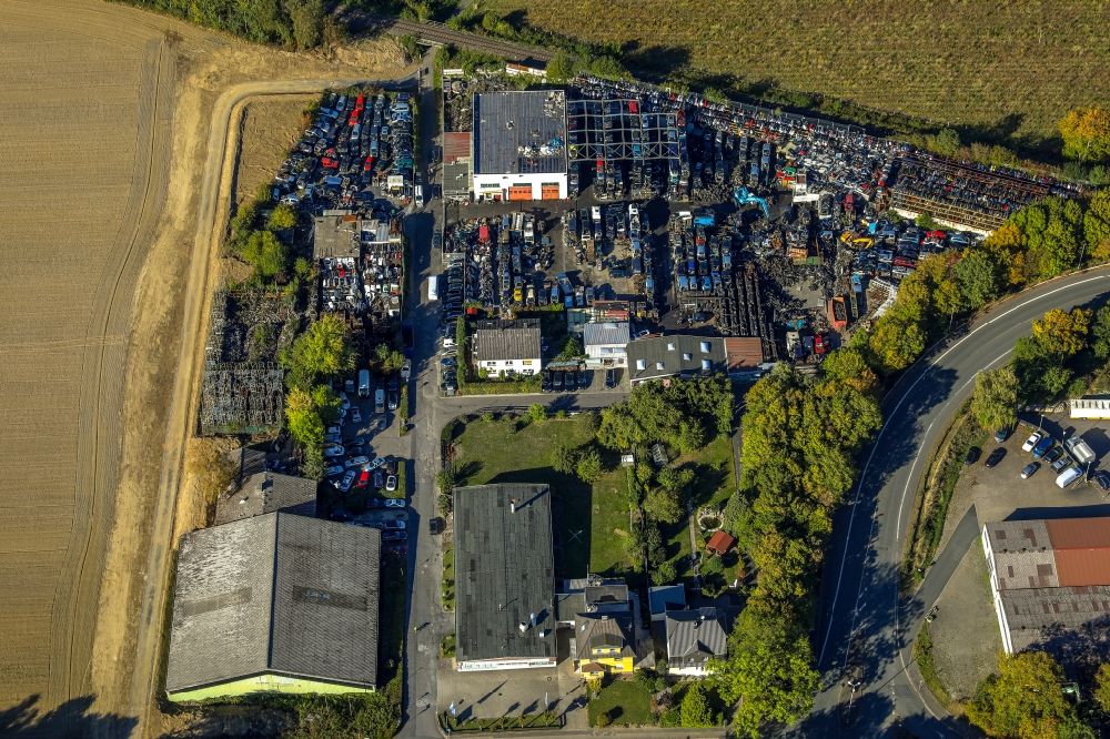 Aerial image Unna - Scrapyard for recycling of cars cars and used vehicles with decomposition and aftermarket in Unna in the state North Rhine-Westphalia, Germany