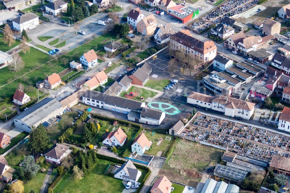 Pfaffenhoffen from above - School building with painted court yard in Pfaffenhoffen in Grand Est, France