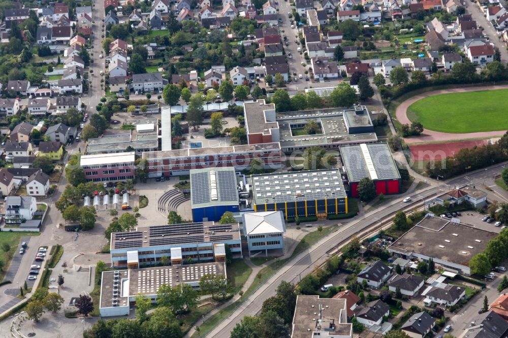 Linkenheim-Hochstetten from above - School building of the Grand-and factoryrealschule Linkenheim and AWO-Ortsverein Linkenheim-Hochstetten in Linkenheim-Hochstetten in the state Baden-Wuerttemberg, Germany