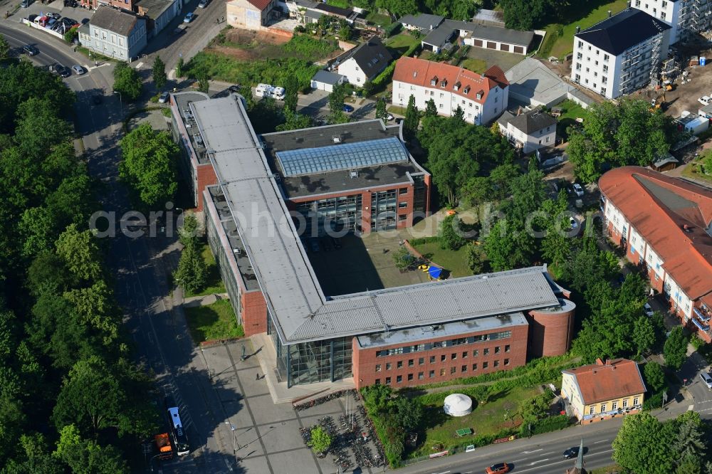 Bernau from above - School building of the Paulus Praetorius Gymnasium on Lohmuehlenstrasse in Bernau in the state Brandenburg, Germany