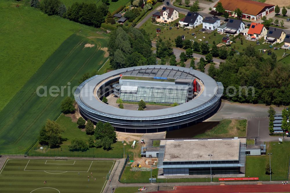Flöha from above - School building of the Samuel-von-Pufendorf-Gymnasium on street Turnerstrasse in Floeha in the state Saxony, Germany