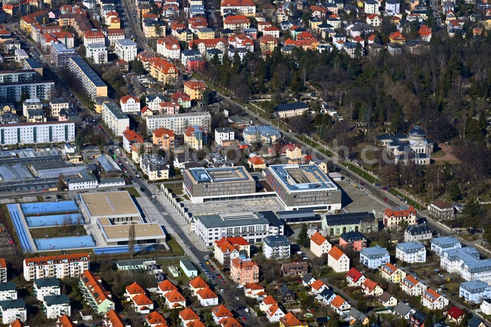 Dresden from the bird's eye view: School building of the Schulcampus Tolkewitz on street Wehlener Strasse in the district Tolkewitz in Dresden in the state Saxony, Germany