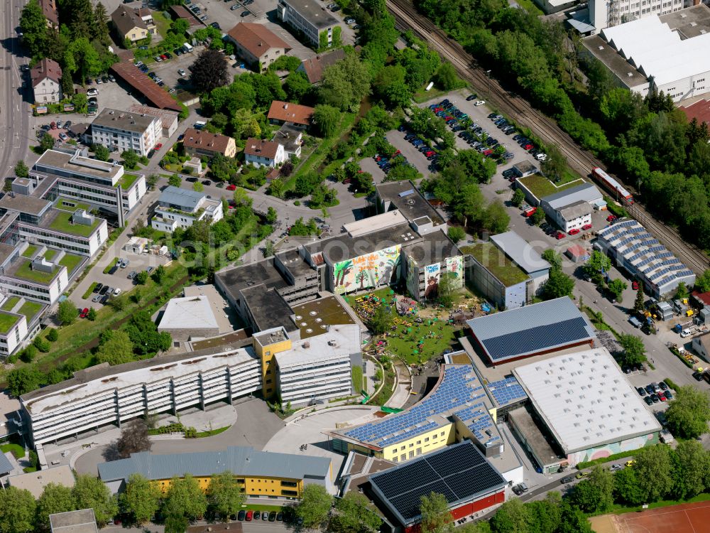 Biberach an der Riß from above - School building with schoolyard at the school site of the Wieland Gymnasium and Pestalozzi Gymnasium in Biberach an der Riss in the state Baden-Wuerttemberg, Germany