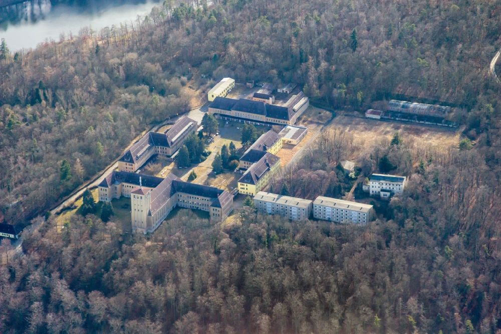 Ballenstedt from above - School building Training Center Grosser Ziegenberg in Ballenstedt in the state Saxony-Anhalt, Germany. Originally built as the National-Political Educational Institution - Anhalt Educational Institution (also called NEPA or NAPOLA) by the NSDAP and later used as the District Party School Wilhelm Liebknecht of the SED of the GDR