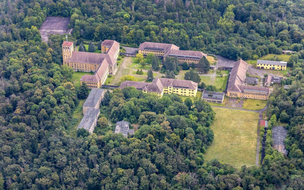 Ballenstedt from above - School building Training Center Grosser Ziegenberg in Ballenstedt in the state Saxony-Anhalt, Germany. Originally built as the National-Political Educational Institution - Anhalt Educational Institution (also called NEPA or NAPOLA) by the NSDAP and later used as the District Party School Wilhelm Liebknecht of the SED of the GDR