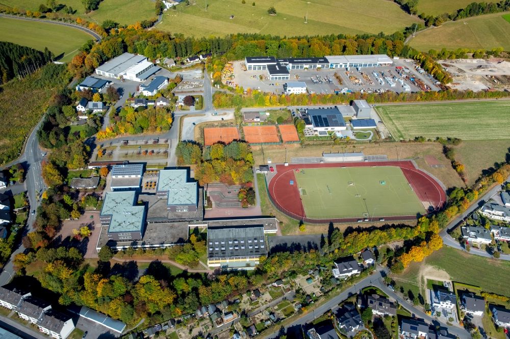 Schmallenberg from above - School building of the city high school next to the sports ground in the obringhauser street in Schmallenberg at Sauerland in the state North Rhine-Westphalia