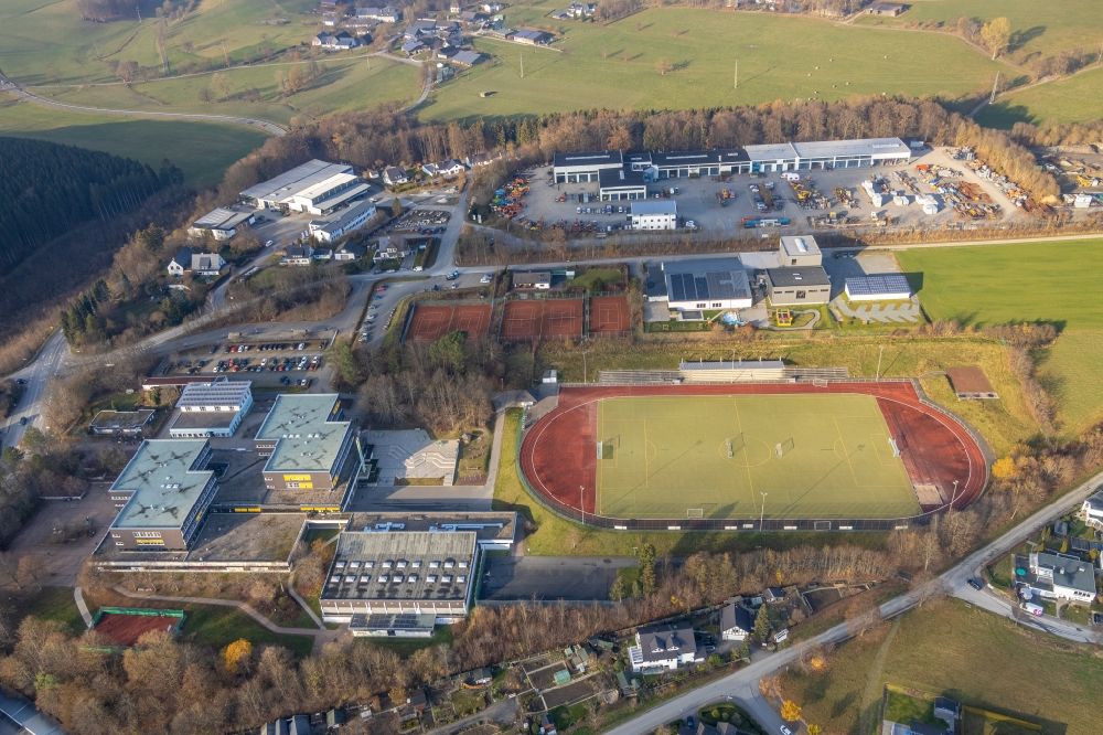 Schmallenberg from above - School building of the city high school next to the sports ground in the obringhauser street in Schmallenberg at Sauerland in the state North Rhine-Westphalia