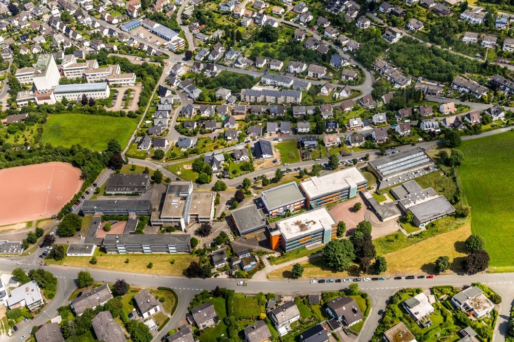 Aerial image Meschede - School building of the St.Walburga-Hauptschule and das Gymnasium of Stadt Meschede on Scheofweg in Meschede in the state North Rhine-Westphalia, Germany