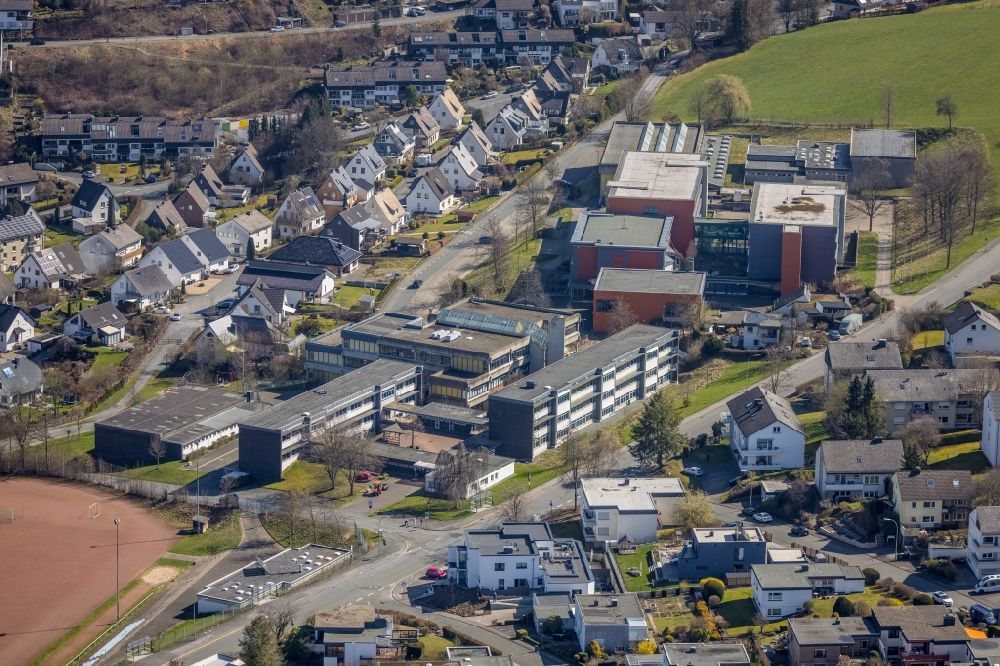 Meschede from above - School building of the St.Walburga-Hauptschule and das Gymnasium of Stadt Meschede on Scheofweg in Meschede in the state North Rhine-Westphalia, Germany
