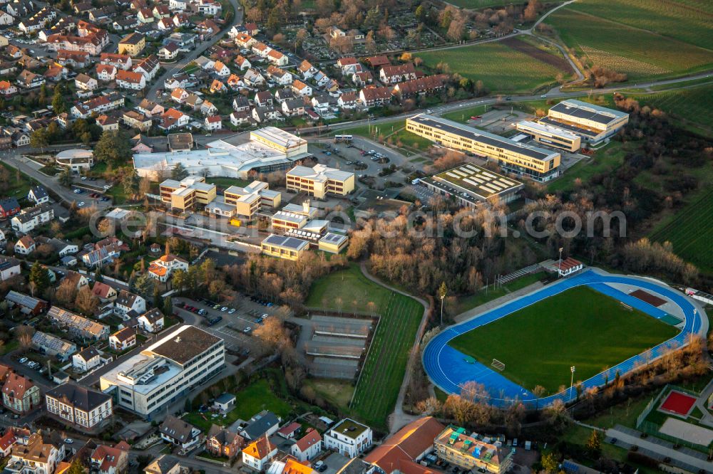 Aerial photograph Edenkoben - School grounds and buildings of the Paul-Gillet-Realschule plus, Weinstrasse and Gymnasium and Grosssporthalle Edenkoben on street Weinstrasse in Edenkoben in the state Rhineland-Palatinate, Germany