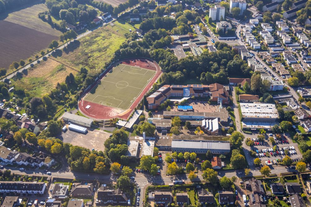 Holzwickede from above - School building and sports field Clara-Schumann-Gymnasium on street Opherdicker Strasse in the district Aplerbeck in Holzwickede at Ruhrgebiet in the state North Rhine-Westphalia, Germany