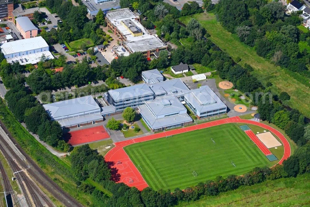 Husum from above - School building and sports field Hermann-Tast-Schule in Husum North Frisia in the state Schleswig-Holstein, Germany