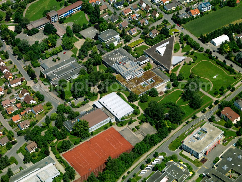 Mössingen from above - School building and sports field on street Goethestrasse in Moessingen in the state Baden-Wuerttemberg, Germany