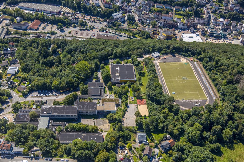 Ennepetal from above - School building and sports field Reichenbach Gymnasium on street Peddinghausstrasse in Ennepetal at Ruhrgebiet in the state North Rhine-Westphalia, Germany