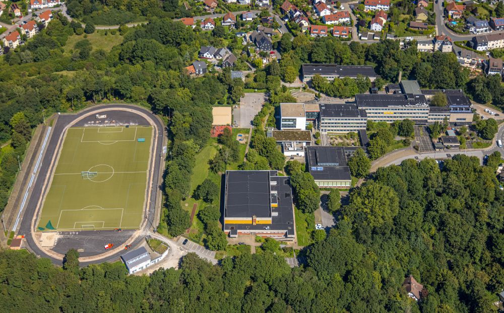 Ennepetal from the bird's eye view: School building and sports field Reichenbach Gymnasium on street Peddinghausstrasse in Ennepetal at Ruhrgebiet in the state North Rhine-Westphalia, Germany