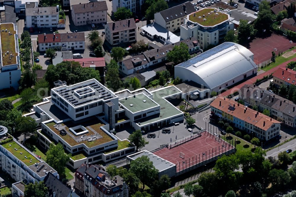 Freiburg im Breisgau from above - School building and sports field of Rotteck-Gymnasium Freiburg on street Lessingstrasse in the district Wiehre in Freiburg im Breisgau in the state Baden-Wuerttemberg, Germany