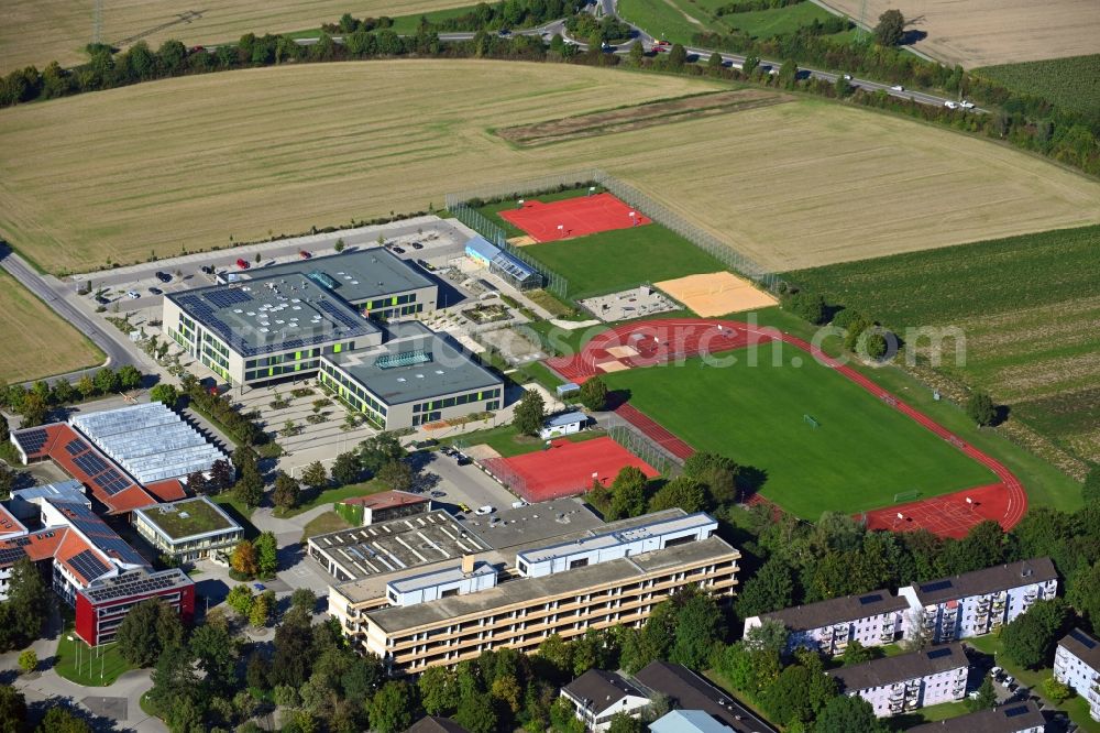 Neusäß from above - School building and sports field of Staatliche Realschule in Neusaess in the state Bavaria, Germany