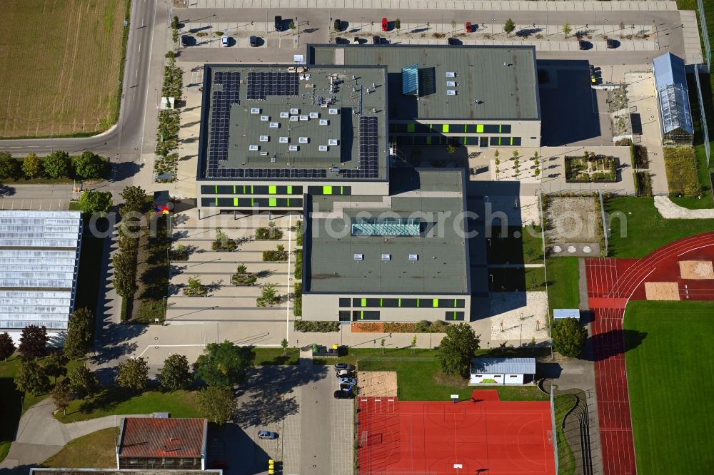 Neusäß from above - School building and sports field of Staatliche Realschule in Neusaess in the state Bavaria, Germany