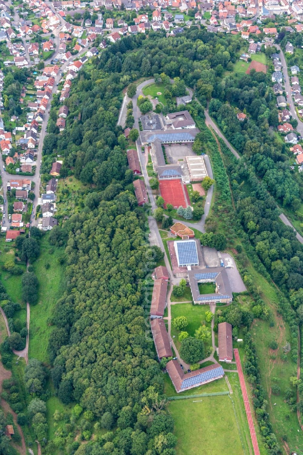 Annweiler am Trifels from above - School building and sports field of the Trifels-Gymnasium in Annweiler am Trifels in the state Rhineland-Palatinate, Germany